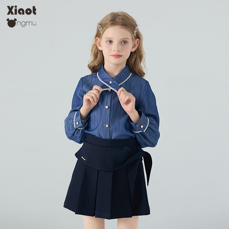 小童木 复古学院感领结女童牛仔衬衫秋季2025新款女大童长袖上衣