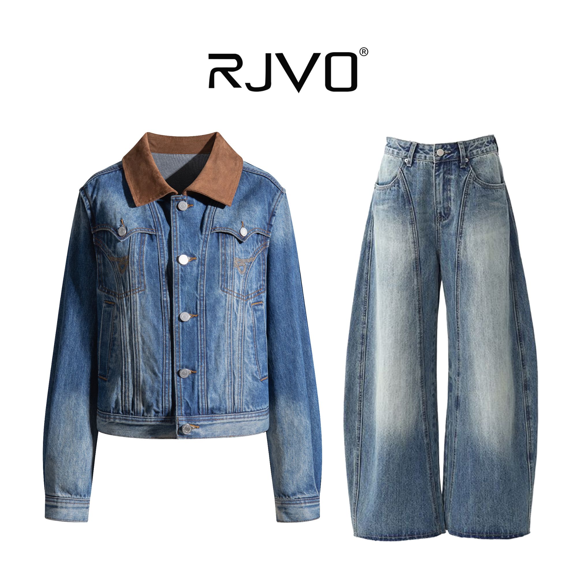 RJVO新款麂皮领落肩水洗蓝宽松牛仔夹克复古蓝阔腿牛仔套装
