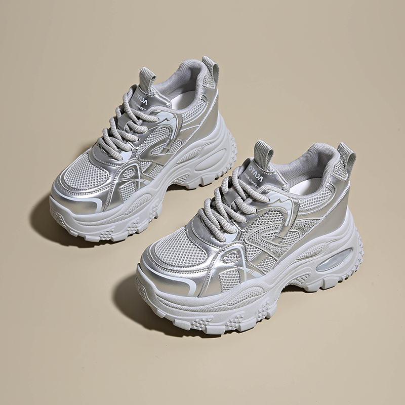 夏季网面老爹鞋ins女带钻2025新款厚底内增高透气时尚休闲鞋百搭
