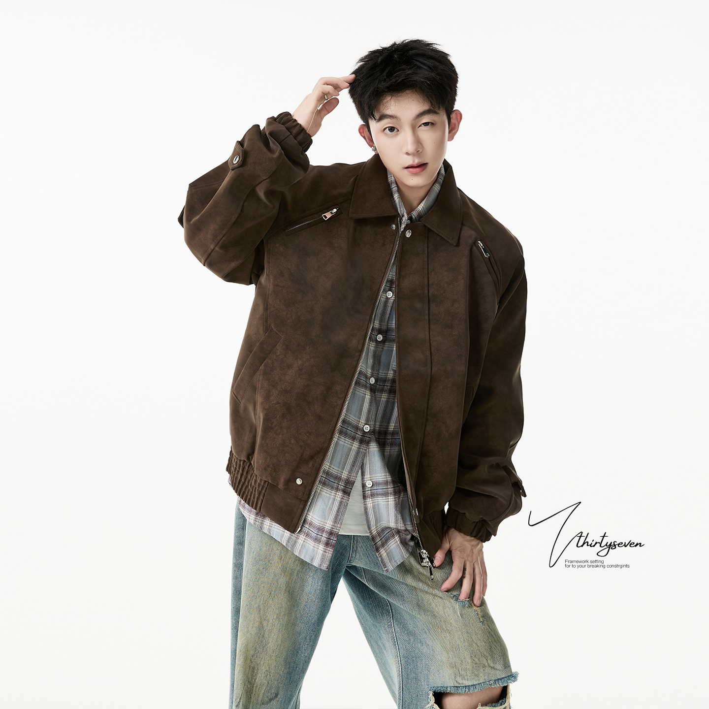 V37美式高街痞帅短款皮衣外套男秋季潮牌设计感拉链翻领机车夹克