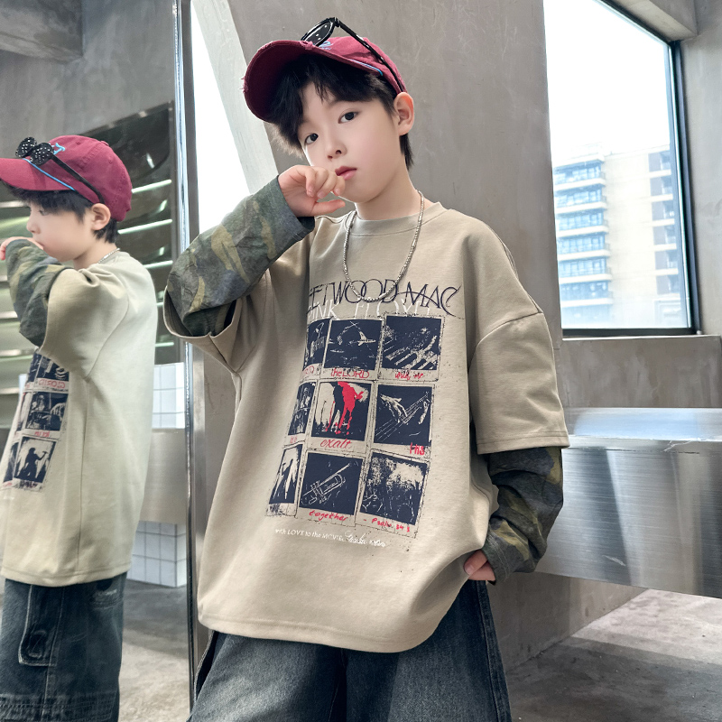 男童假两件t恤春秋2025中大童休闲韩版长袖宽松儿童秋季上衣洋气5