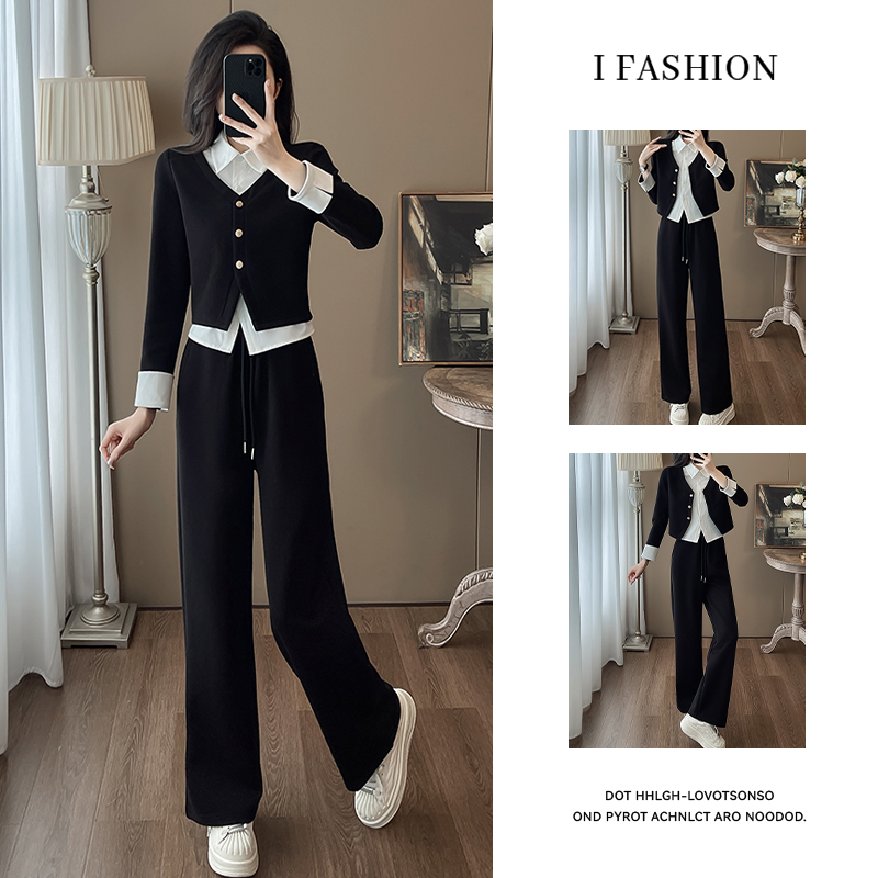 高含棉韩系休闲运动套装女2025秋季新款假两件上衣+阔腿裤两件套