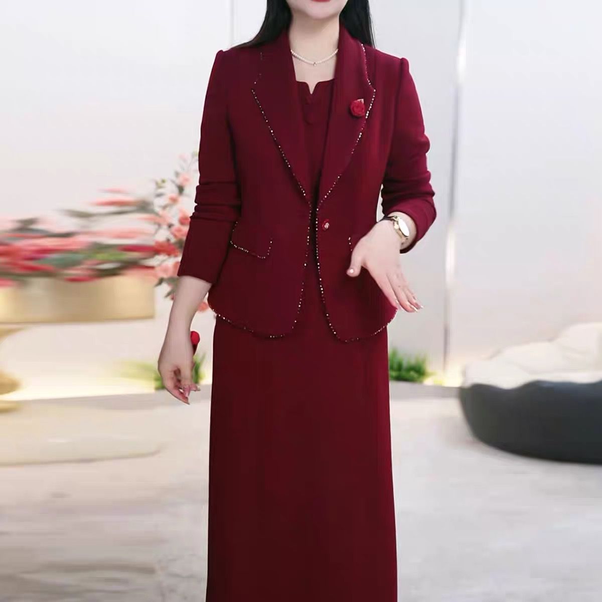 【两件套】3381新款改良气质妈妈轻奢国风显瘦遮肉喜妈妈红色时尚