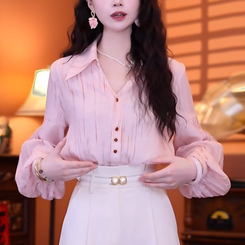 V领粉色衬衫女2025新款时尚宽松显瘦洋气减龄设计感休闲气质上衣
