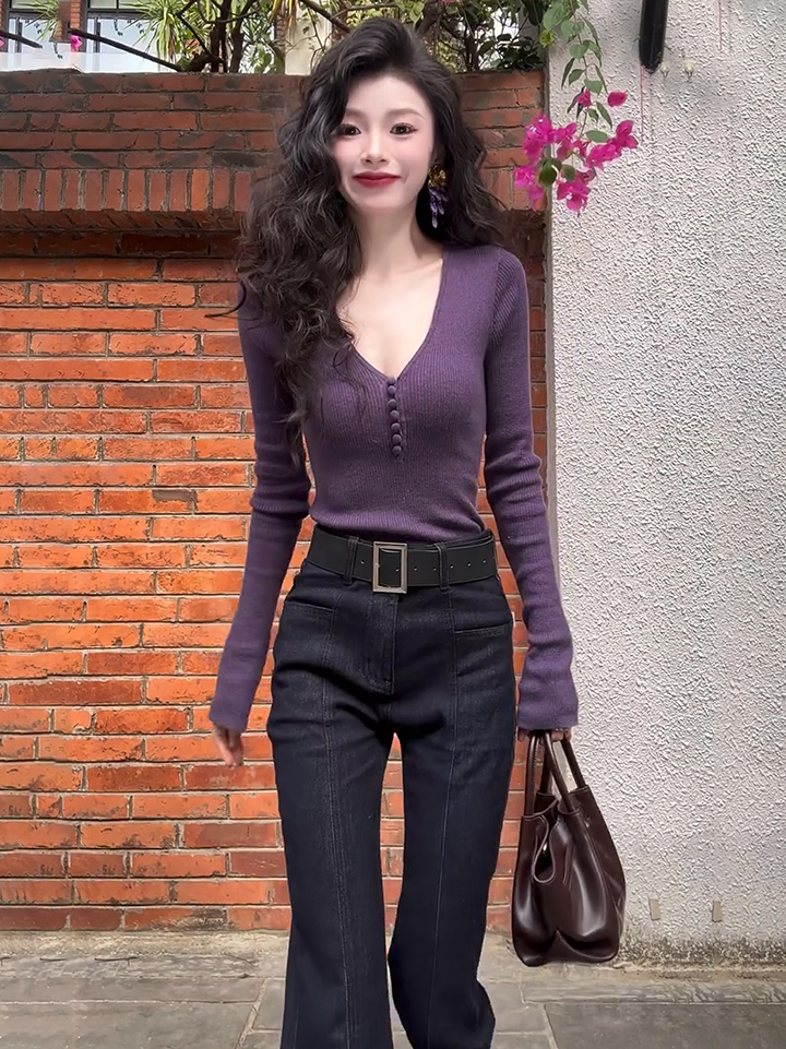 修身内搭打底衫长袖针织衫上衣秋冬新款保暖紫色女装洋气时髦气质