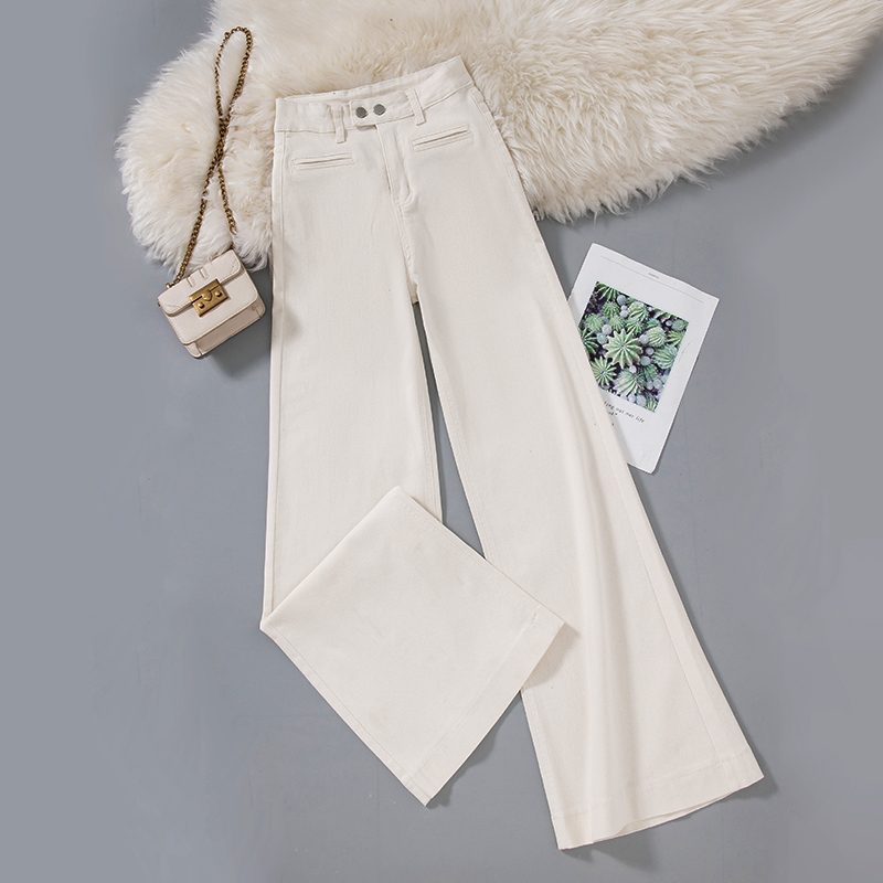 加绒/单裤秋季新款米白色高腰阔微喇牛仔裤女弹力宽松显瘦裤9788