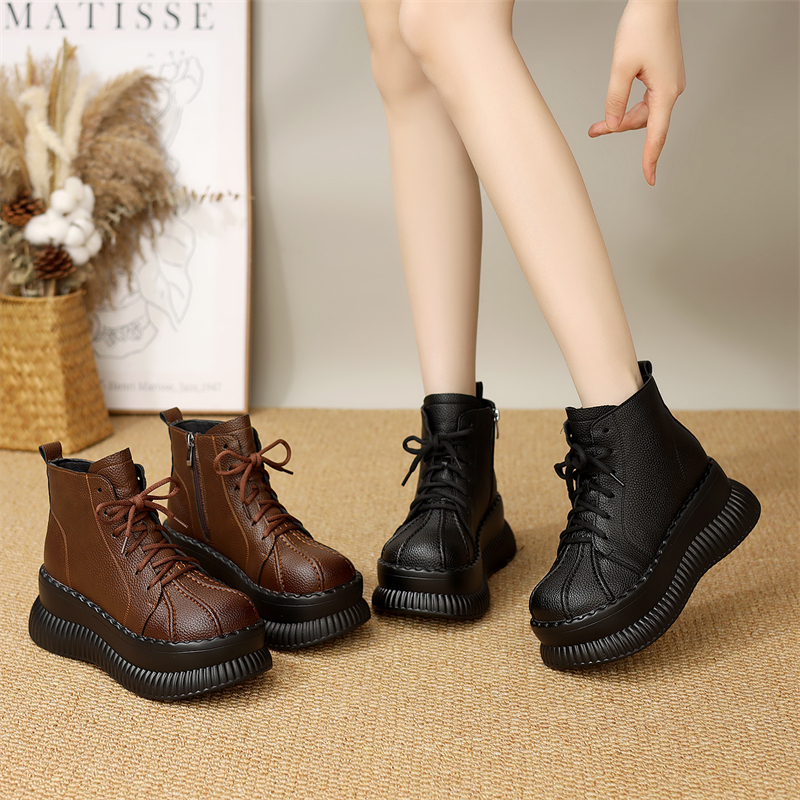 复古马丁靴加绒女鞋秋冬高跟单靴靴子侧拉链系带秋冬不累脚洋气