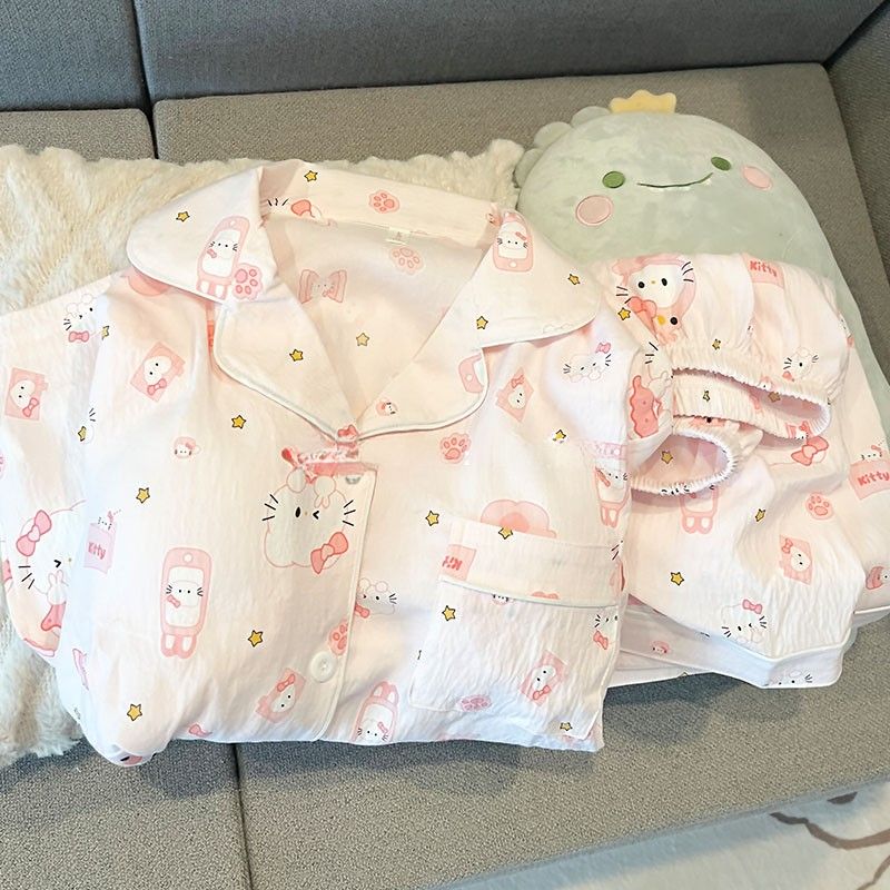 ins甜美可爱卡通睡衣女夏季云朵棉短袖短裤凯蒂猫薄款套装家居服