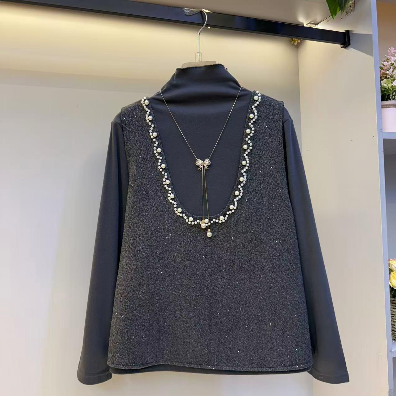 网红潮流亮片钉珠针织U领马甲女宽松中长款时尚套装