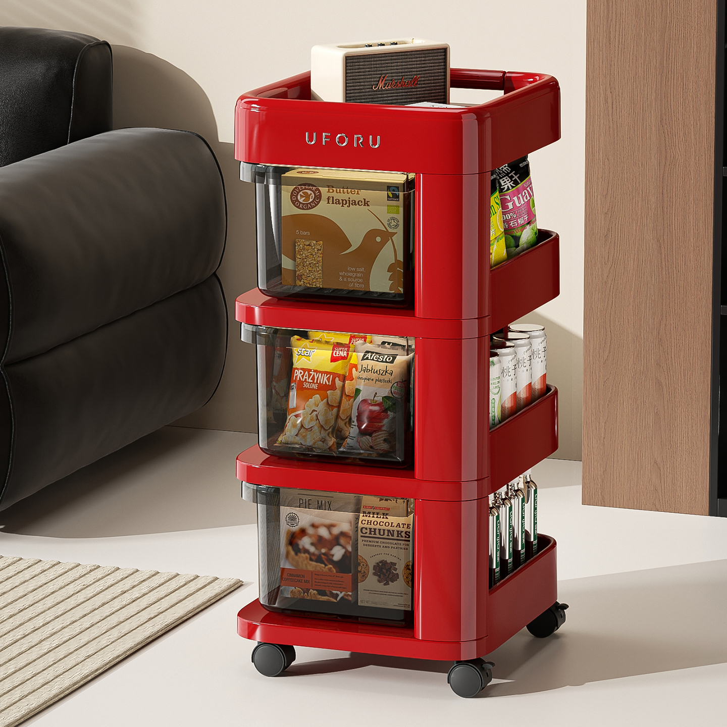 橱明星移动置物架中古风带轮小推车儿童零食玩具多层抽屉式收纳架