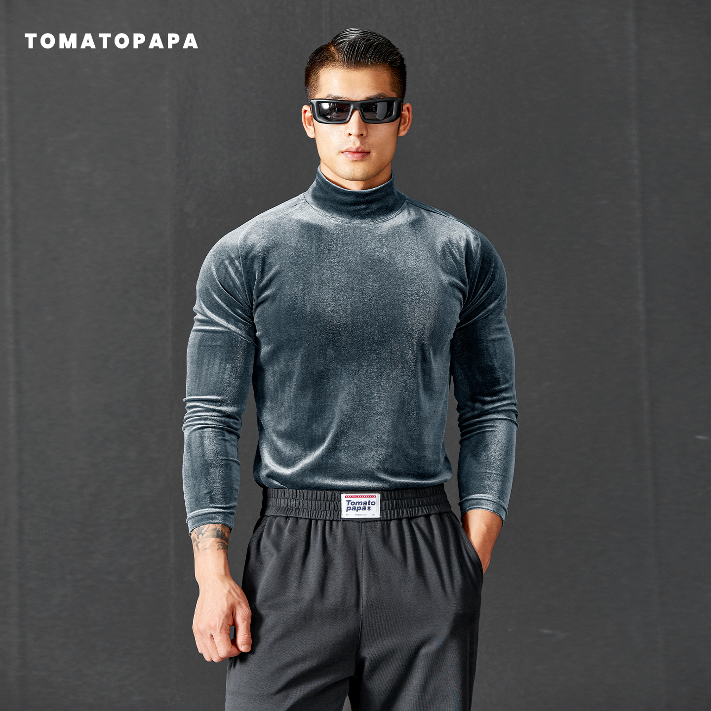 TOMATOPAPA男士长袖T恤丝绒保暖高领弹力紧身显肌肉健身打底衫