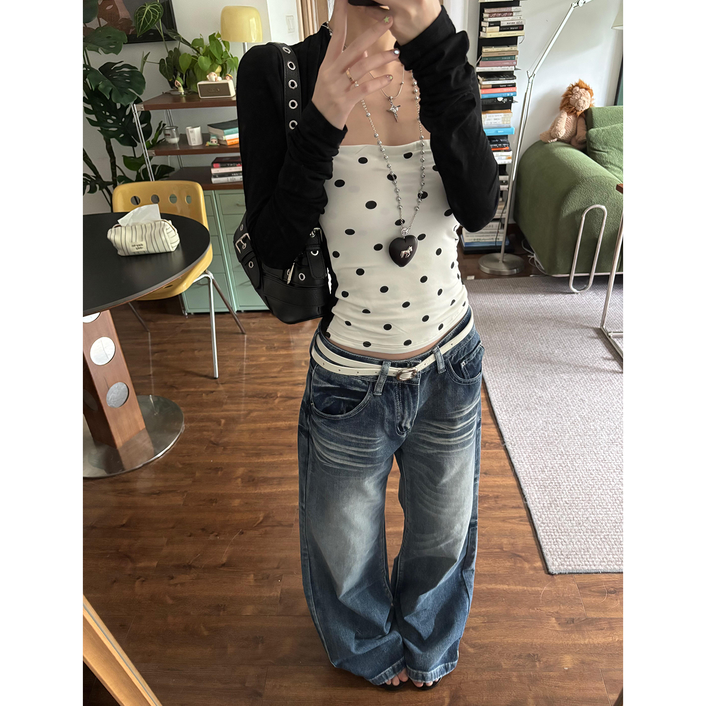 复古辣妹风修身波点抹胸背心拼接坎肩长袖开衫2025新款假两件上衣
