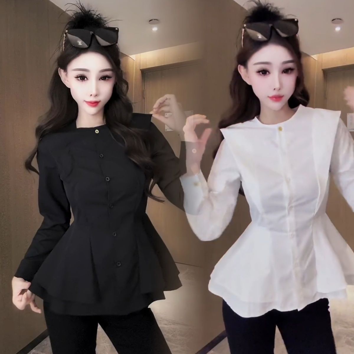 236欧货2025冬季新款纯色拼接纽扣荷叶边收腰衬衫女时尚洋气百搭