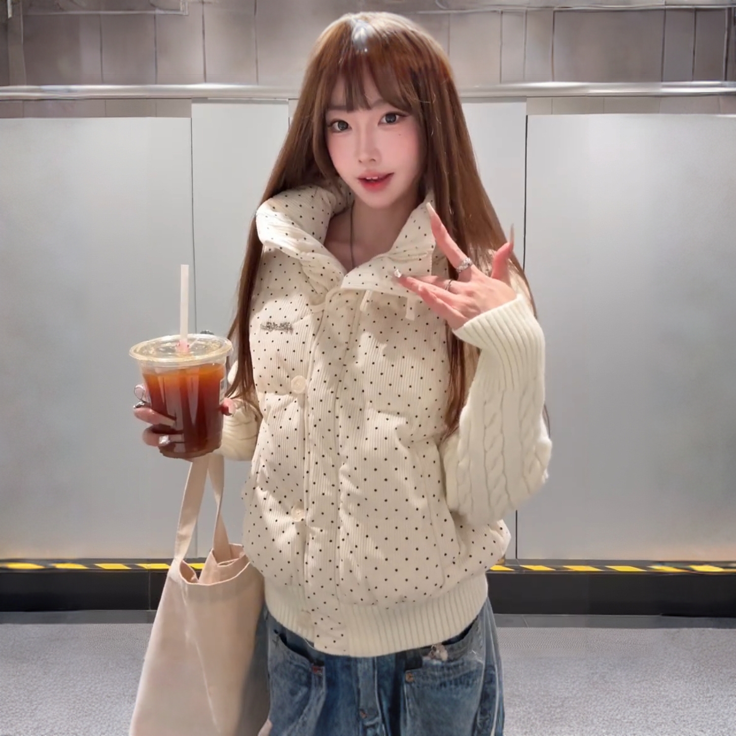 冬季假两件波点棉服外套女韩系立领保暖棉袄修身加厚新款短款棉衣