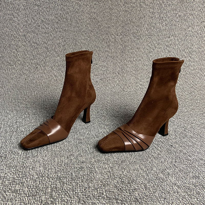 露涵思敲显瘦！气质方头弹力靴个性拼接瘦瘦靴方头不累脚高跟短靴