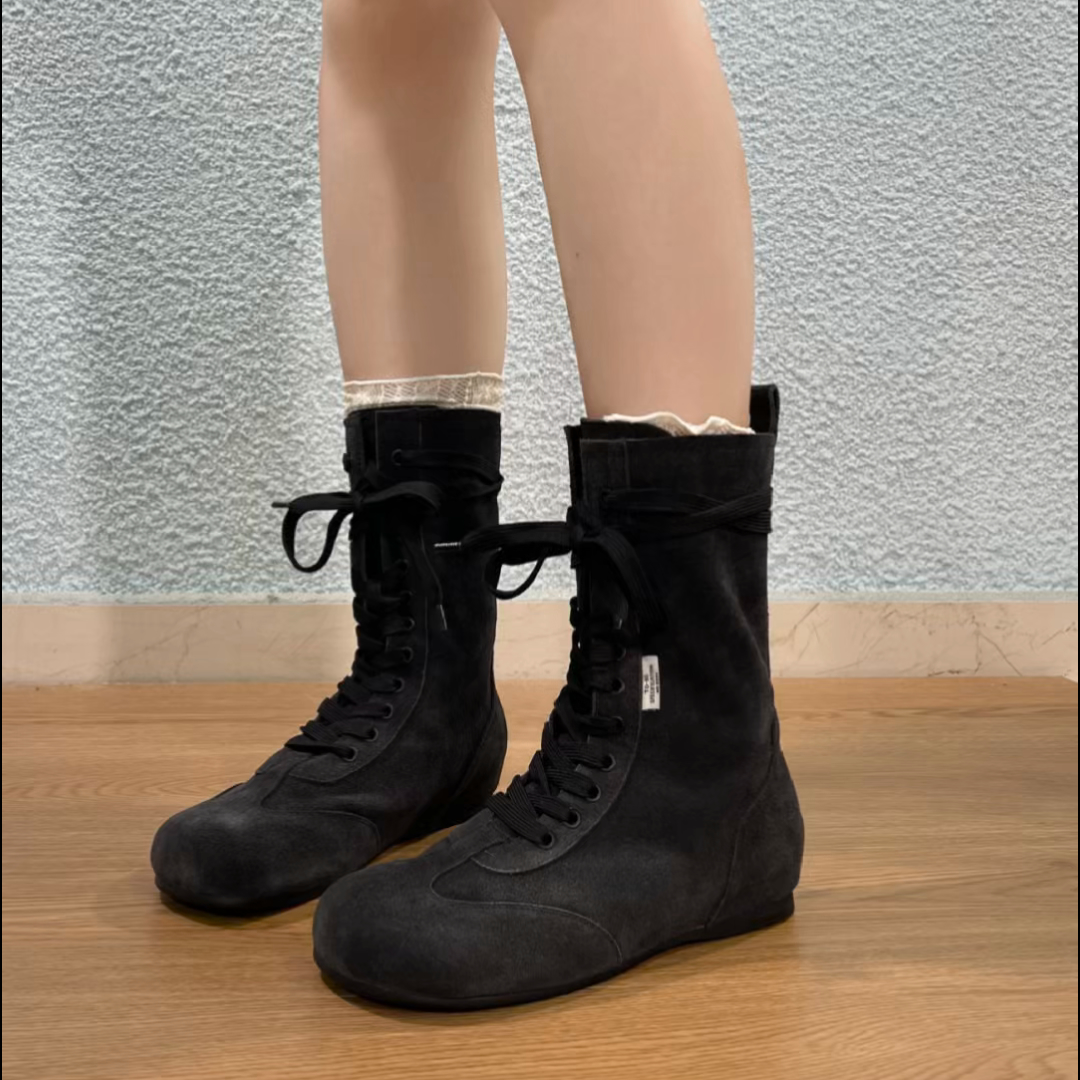 2025秋冬新款牛皮短筒靴女百搭里外全皮拳击鞋勃肯靴子短筒短靴