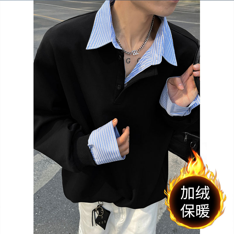 美式假两件衬衫领卫衣男款春秋撞色拼接长袖polo衫痞帅青少年外套