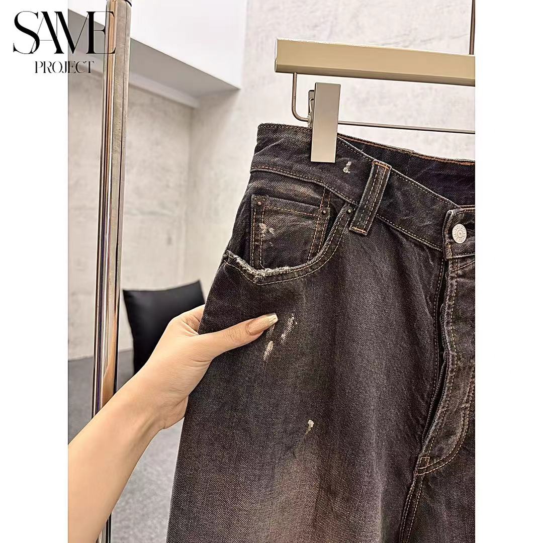 SPJ 25FW泼墨黑牛 「黑竹节定点泼墨23baggy版中低腰磨毛显瘦牛仔」