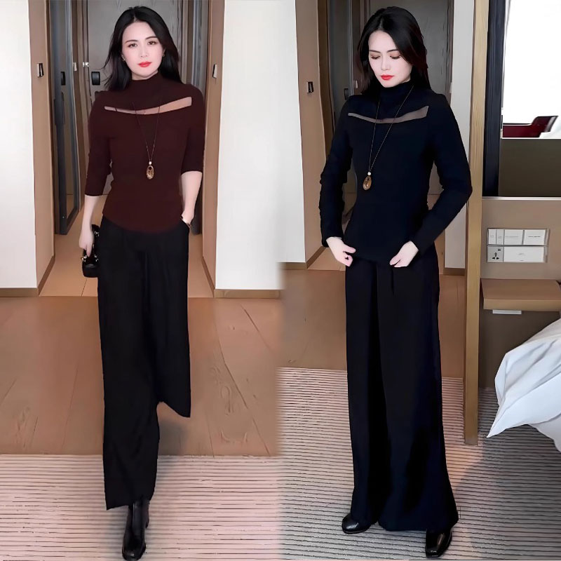 拉夏贝尔时尚套装女2025秋冬新款洋气宽松显瘦打底衫阔腿裤两件套