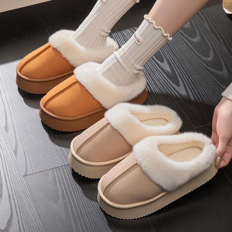 青春路4.5CM加厚秋冬棉拖鞋美拉德外穿踩屎感加绒毛拖加厚棉拖鞋