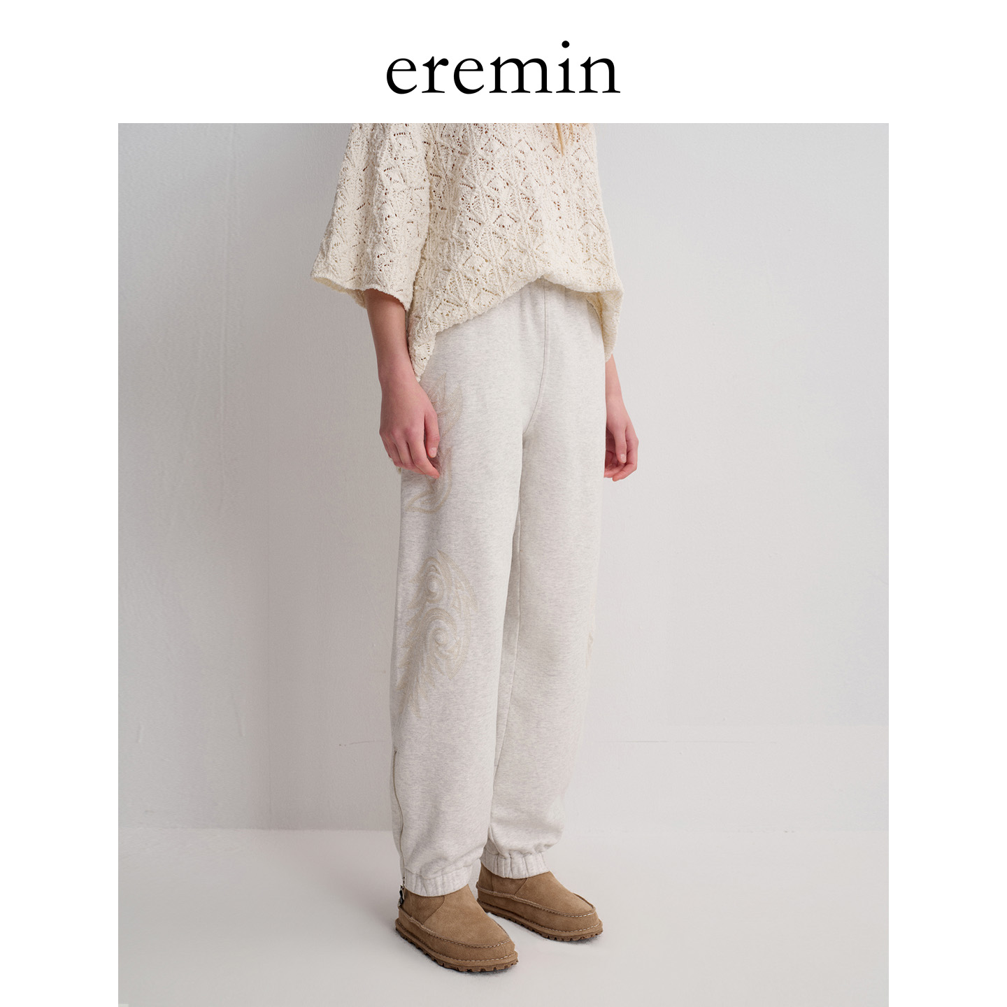 DE Mincollection绣花卫裤/刺绣棉质松紧腰拉链束口休闲裤56115