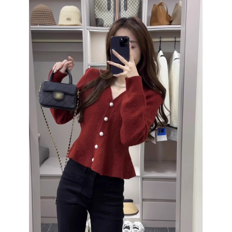 小香风V领针织衫女士2026秋冬新款安可拉红掐腰显瘦法式短款上衣