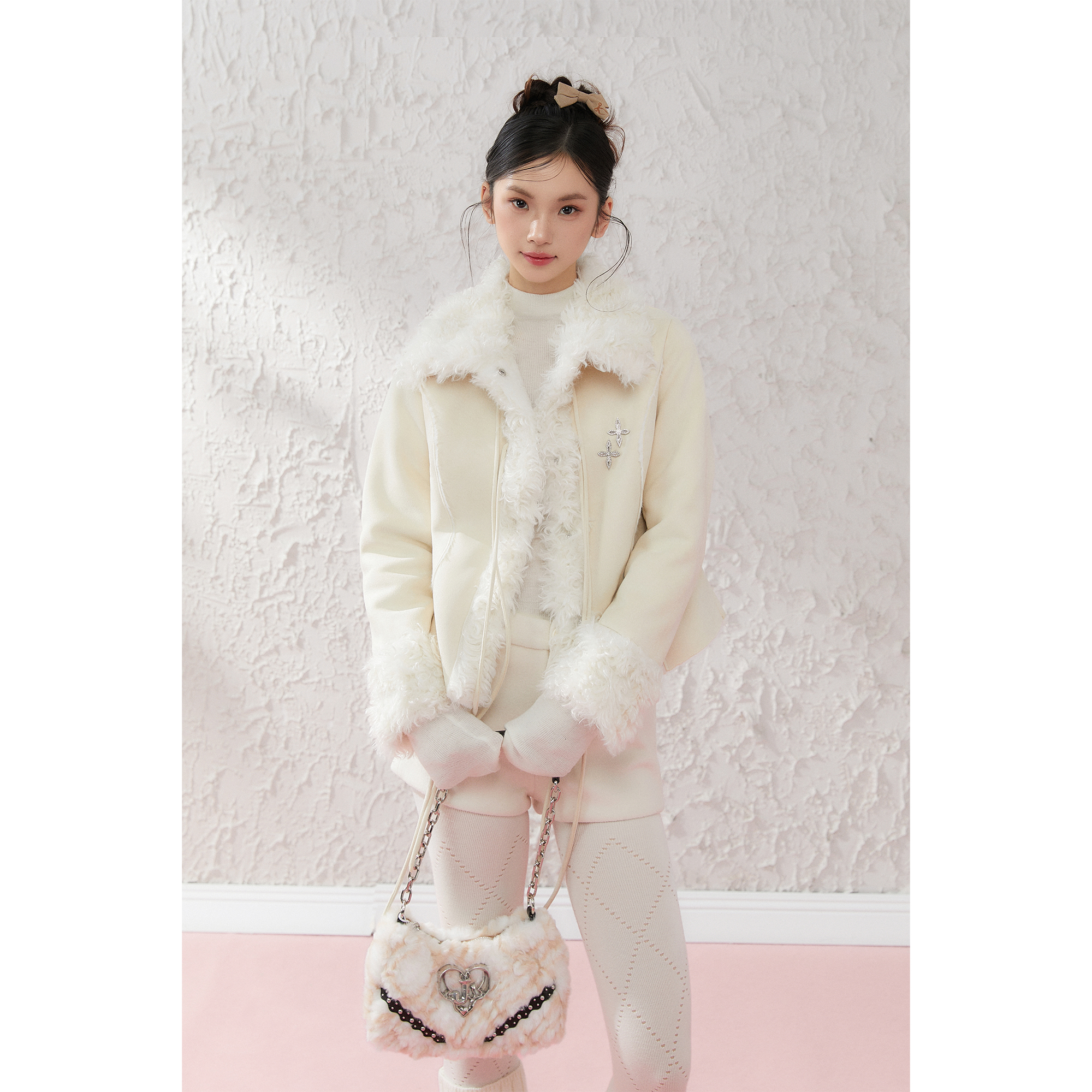 ECHOSTA 甜美韩系毛领绑带系带麂皮夹克外套秋季保暖休闲百搭显瘦