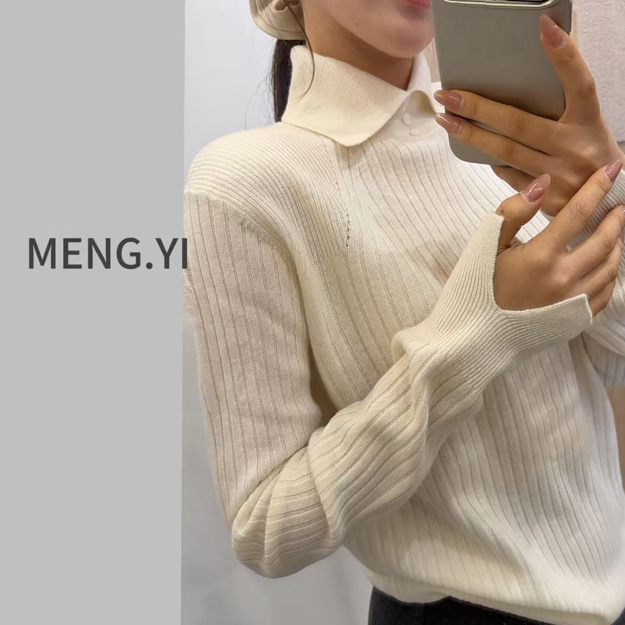 MENG.YI山羊绒醋酸羊毛小翻领设计款休闲打底毛衣5434