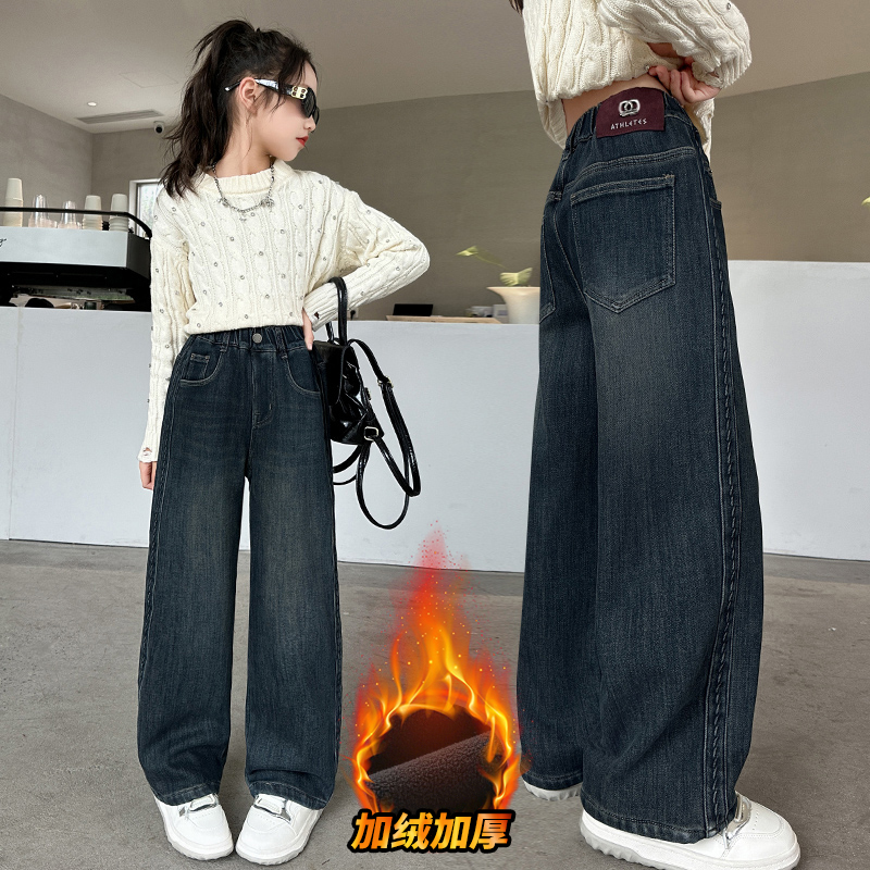 女童加绒牛仔裤秋冬新款中大童加厚休闲直筒阔腿长裤冬季儿童裤子