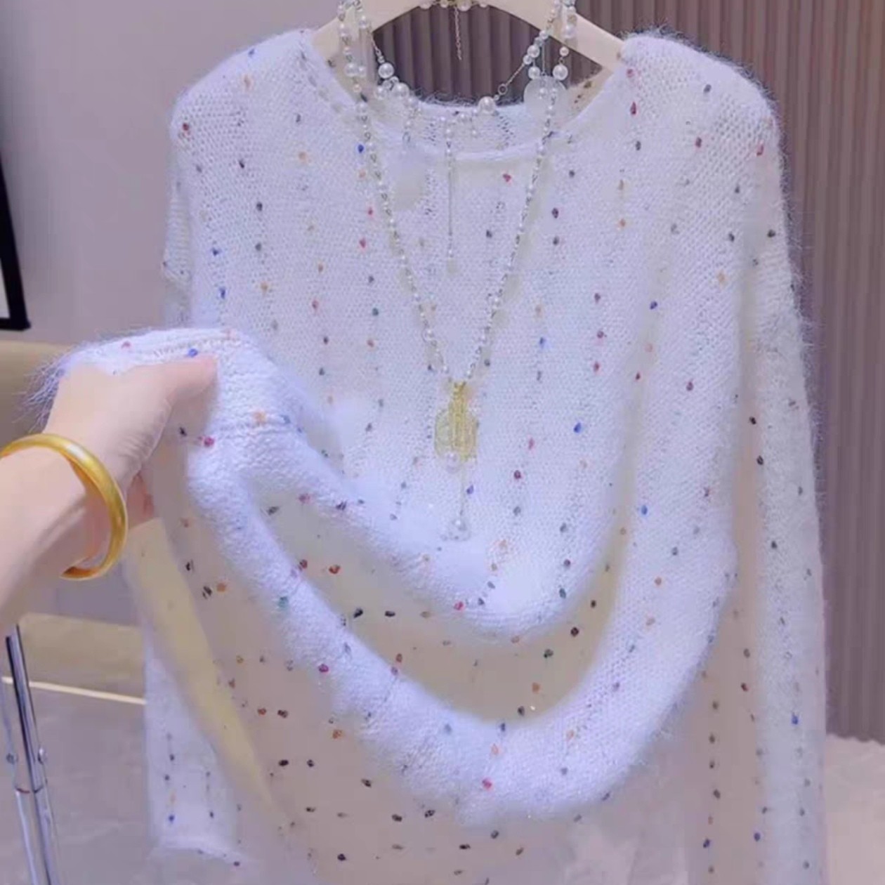 木韩系温柔风彩色点点针织2025秋季新款甜美