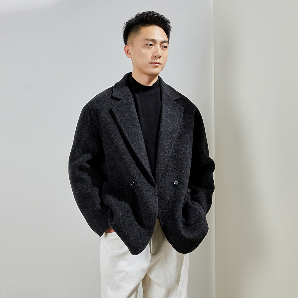 JingYi/100%绵羊毛老钱风高级慵懒风中短款双面羊毛外套秋冬8527