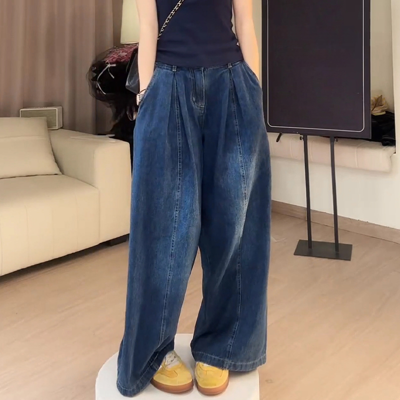 韩版宽松直筒高腰牛仔裤女2025春秋新款小个子水洗显瘦休闲阔腿裤