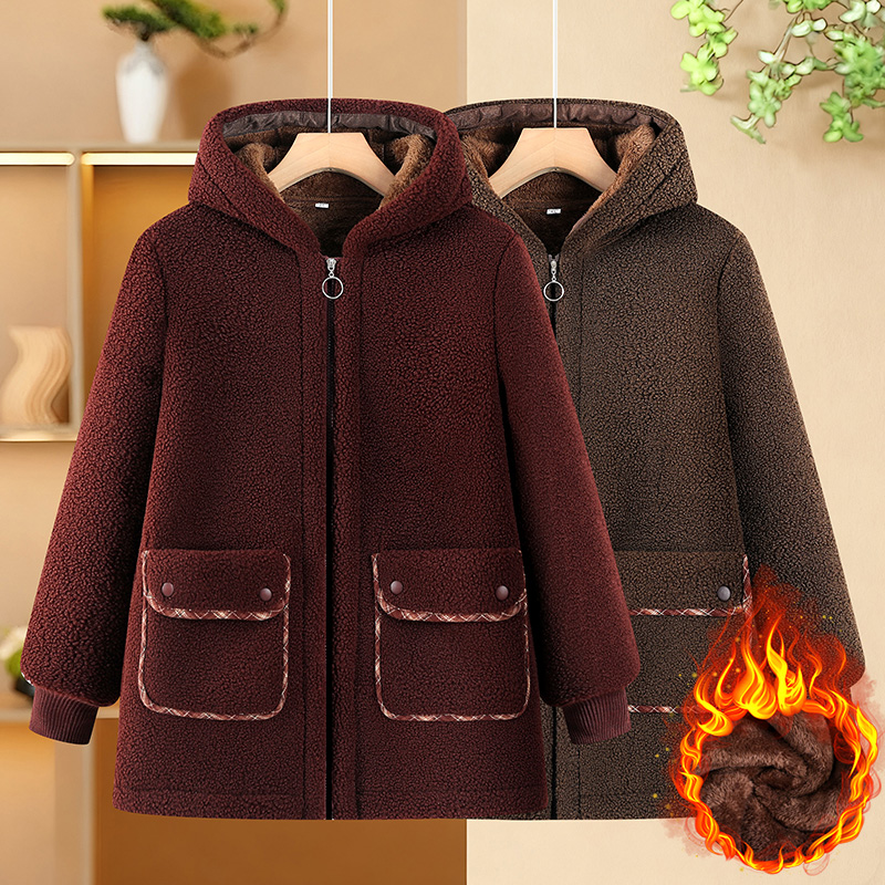 妈妈冬装外套加绒加厚棉服新款中老年颗粒绒棉衣女连帽奶奶棉袄