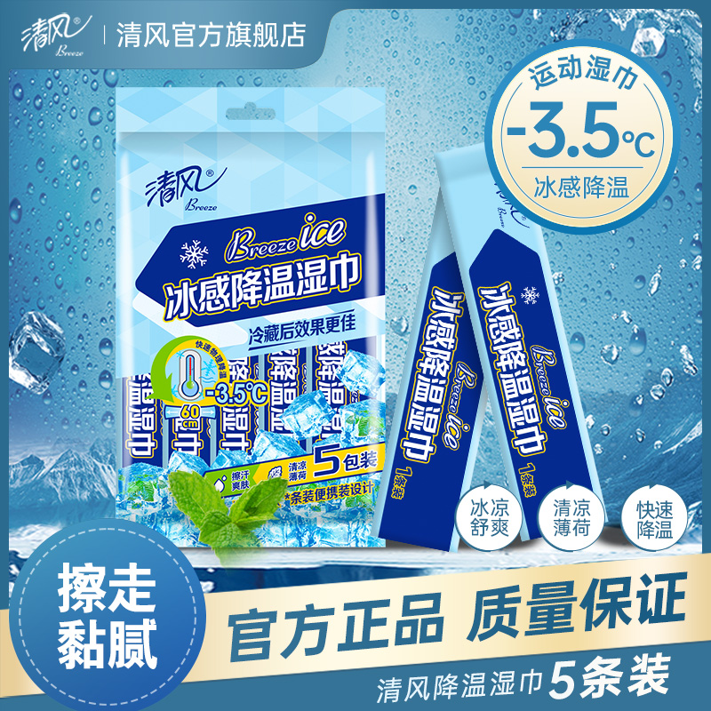 【清风官方】清风湿巾冰感降温5条/包冰凉舒爽物理速降含酒精