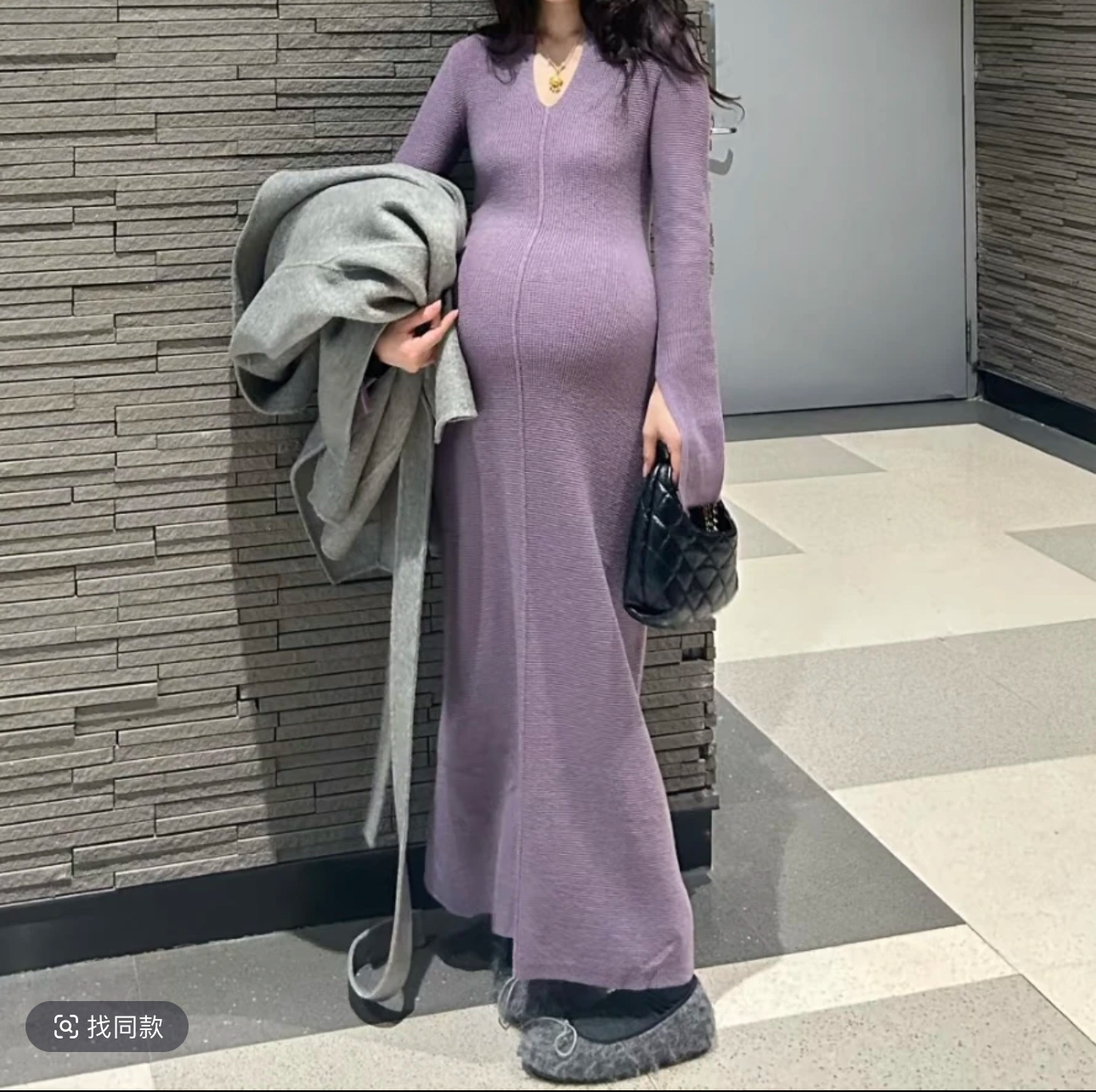 时尚孕妈秋冬法式高级感气质紫色针织韩系显瘦毛衣内搭长款连衣裙