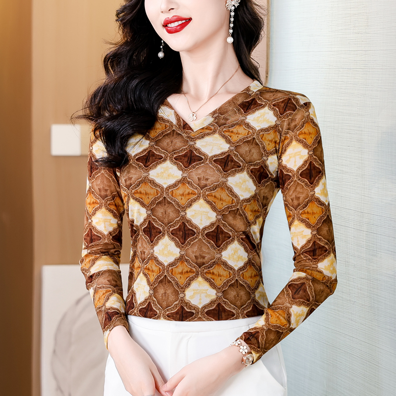 【杨米专属】长袖印花柔软T恤女时尚显瘦气质打底衫舒适法式小衫