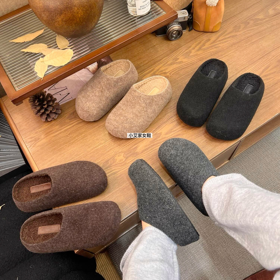 5公分呢子厚底加绒保暖包头半拖鞋女外穿2024秋冬新款勃肯鞋8055