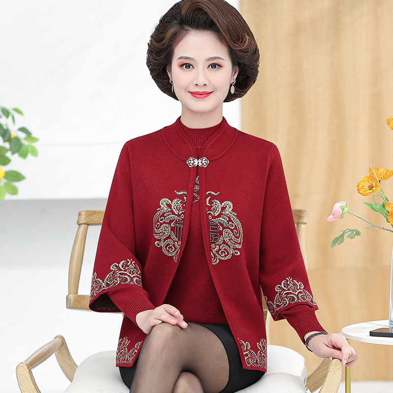 中老年人秋冬女妈妈新款两件套装奶奶加绒加厚红色毛衣针织衫外套