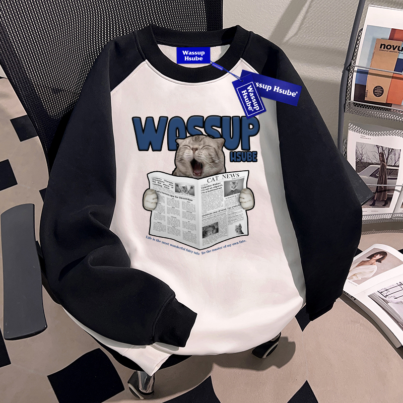 WASSUP HSUBE趣味潮流猫咪情侣秋季卫衣重磅美式休闲秋季上衣ins