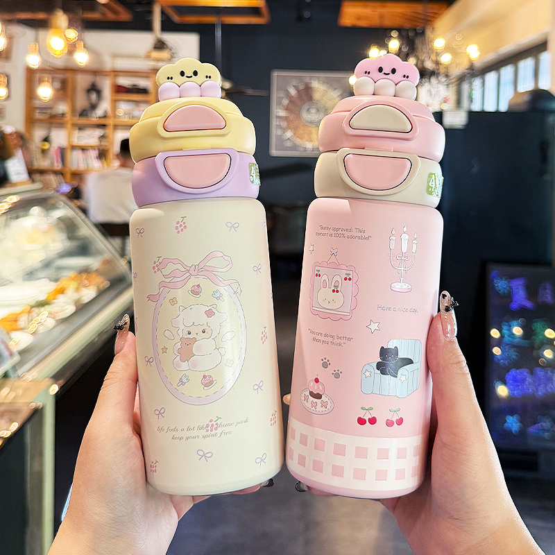 可爱吸管保温杯女生2025新款双饮大容量便携水杯学生儿童喝水杯子