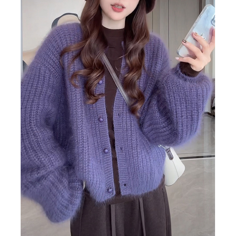 法式温柔系宽松洋气开衫圆领软糯紫色针织毛衣外套小众女装2025年