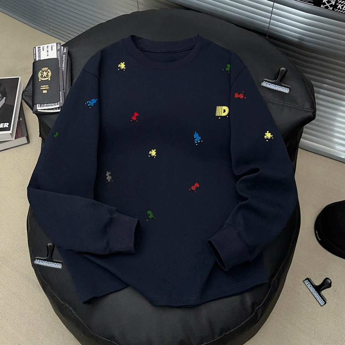 美式个性潮流贴纸印花男女长袖T恤ins秋季100%纯棉休闲情侣上衣