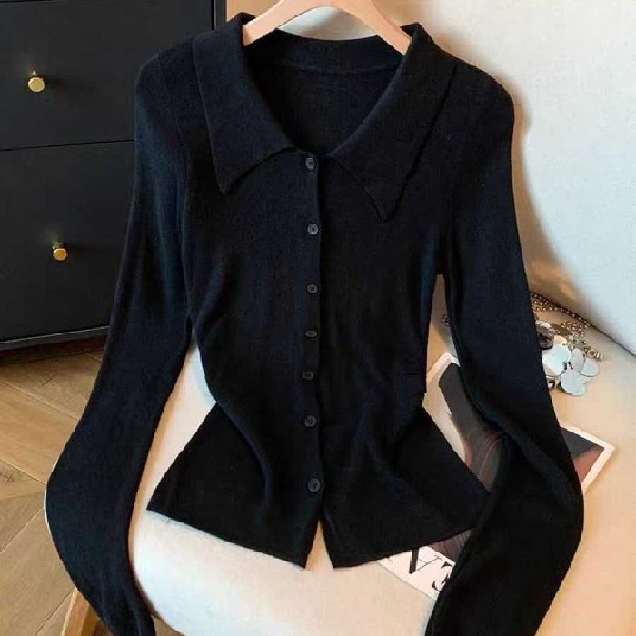 复古时尚气质翻领修身显瘦针织开衫女秋季2025长袖独特别致上衣