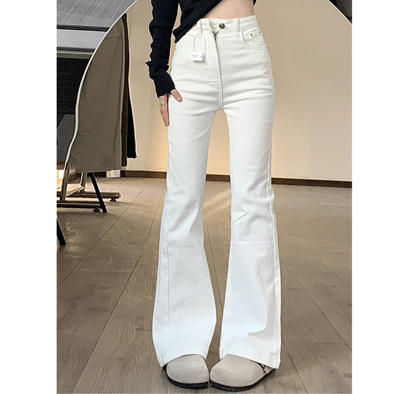 白色微喇牛仔裤女2025年秋季新款高腰修身显瘦小个子马蹄喇叭裤子