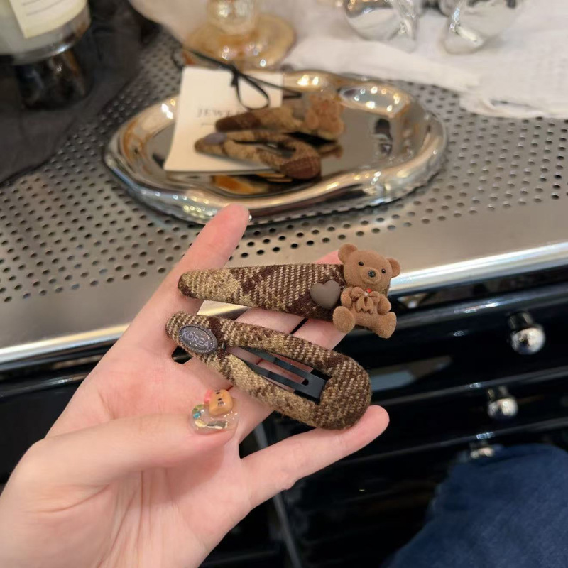 ins小饰品东大门可爱小熊格纹Ab发夹刘海夹甜美bb夹碎发夹发饰