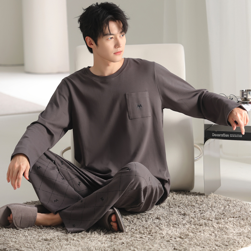 2025年纯棉100%睡衣春秋季长袖长裤圆领中年男士家居服套装 26901