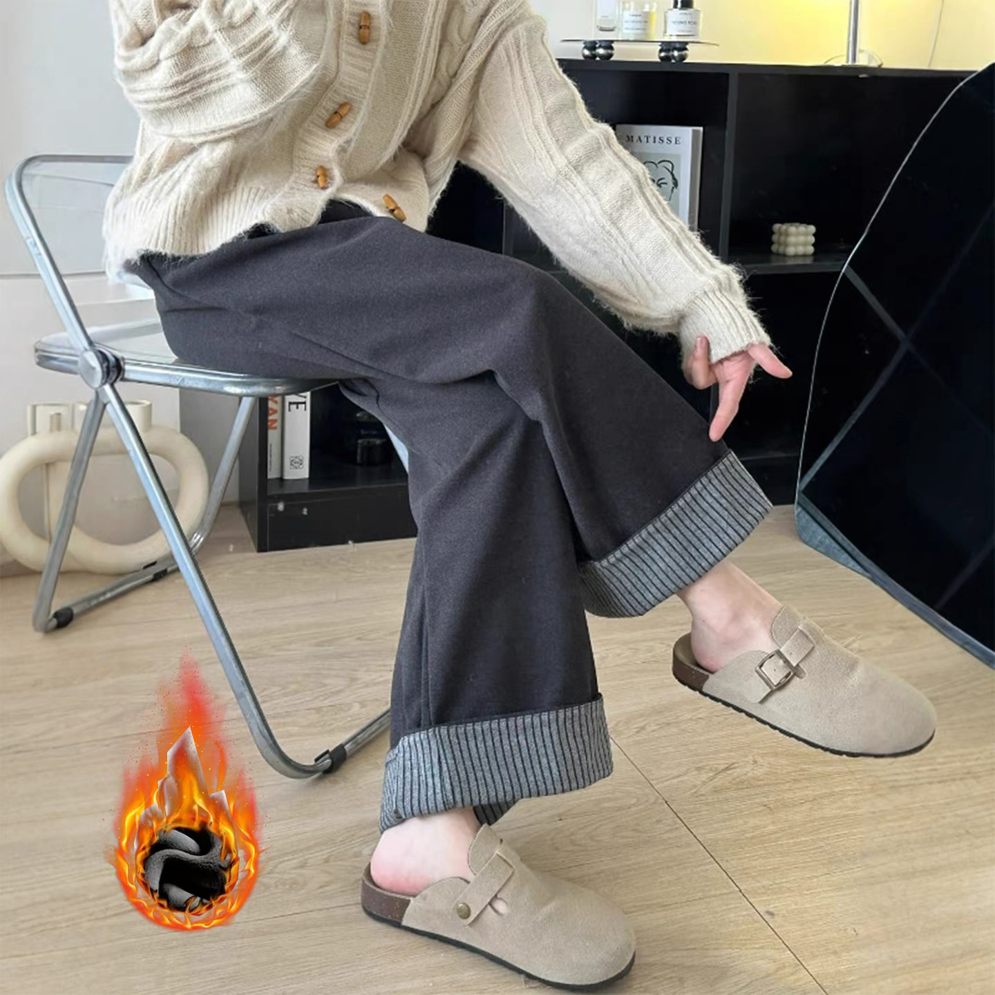 2025新款孕妇裤加绒宽松毛呢裤秋冬时尚休闲复古阔腿裤直筒九分裤