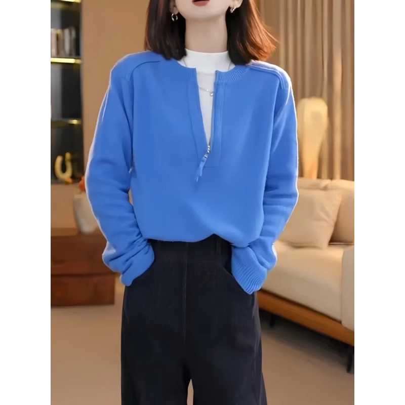 半拉链蓝色针织衫休闲毛衣女秋冬2025新款大码胖MM宽松慵懒风上衣