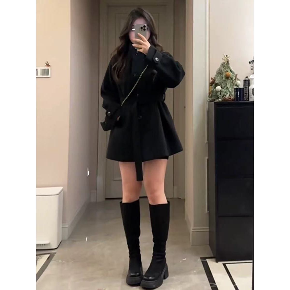 （大财主）胖mm收腰小个子毛呢外套秋冬大码短款呢子大衣5213薄款