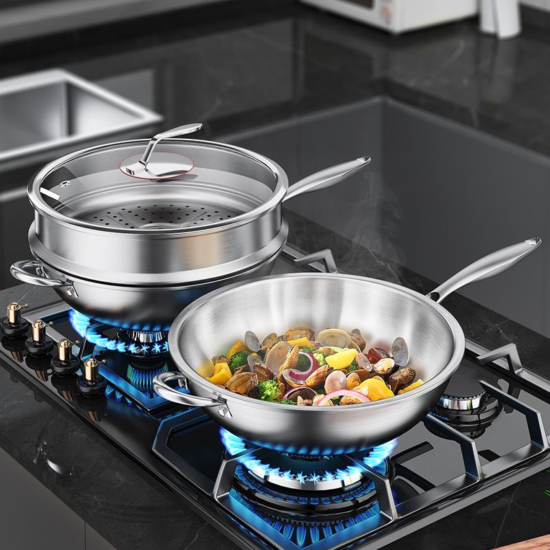 德国食品级316L不锈钢无涂层电磁炉燃气灶通用炒菜锅平底煎炒锅